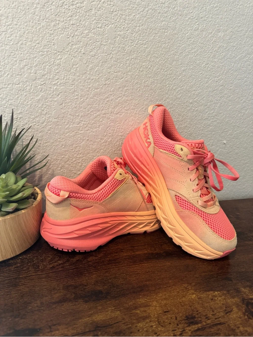 Hoka One One U Bondi L BP2 Coral Pink peach Gradient Athletic Sneakers